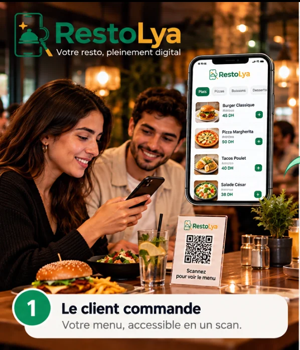 Client qui commande via menu QR RestoLya dans un restaurant au Maroc